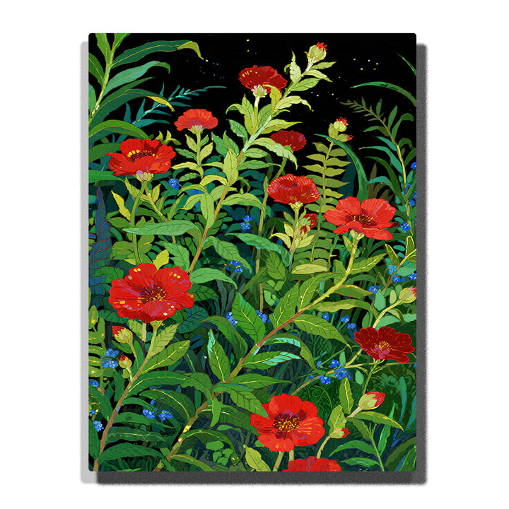 A bold garden scene with red poppies, tall green stems, leafy foliage, and small blue wildflowers against a dark background in this Paint by Numbers artwork.