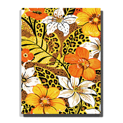 A bold floral scene with orange and white wildflowers, curling stems, and a vivid leopard print background in this Paint by Numbers artwork.