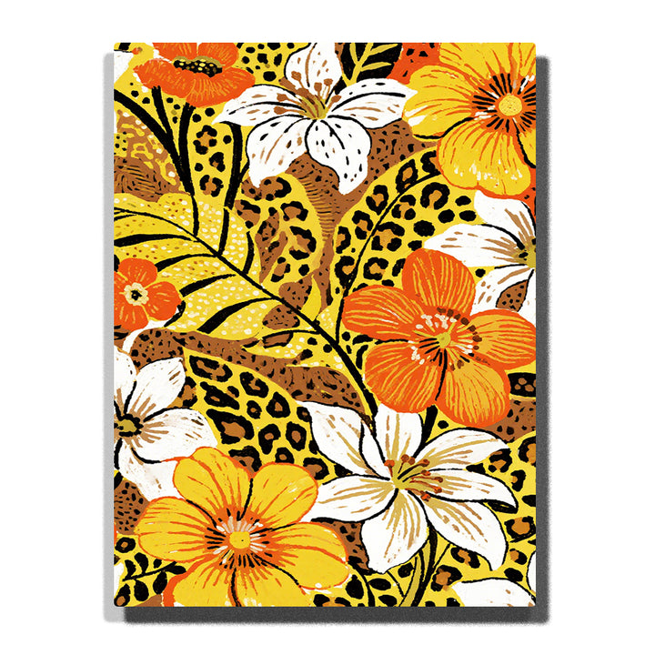 A bold floral scene with orange and white wildflowers, curling stems, and a vivid leopard print background in this Paint by Numbers artwork.