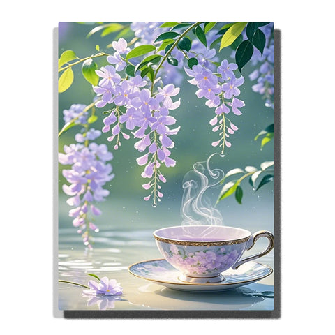 Lavender wisteria blossoms hanging above a floral teacup and saucer with rising steam on a softly lit tabletop in this Paint by Numbers artwork.