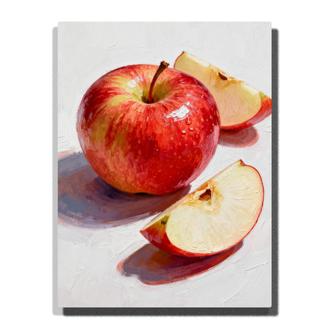 Glossy red apple with two sliced apple wedges on a white tabletop, featuring yellow fruit flesh, red peel edges, and soft cast shadows.