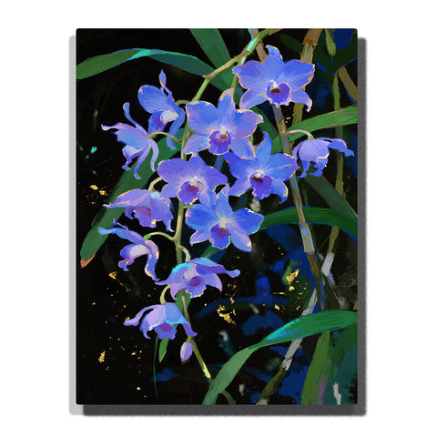 Blue orchid blossoms with pale centers and long green leaves set against a dark background in this Paint by Numbers artwork.