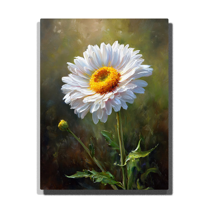 A close-up of a white daisy flower with a vibrant yellow center and soft white petals, highlighted with delicate details in this Paint by Numbers artwork.