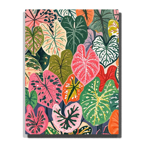 A dense tropical leaf pattern with pink, coral, green, and cream botanical foliage layered over a soft peach background in this Paint by Numbers artwork.