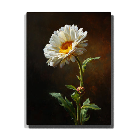 A close-up of a white daisy with a vibrant yellow center and green leaves, set against a soft background. The delicate details of the petals are highlighted in this Paint by Numbers artwork.