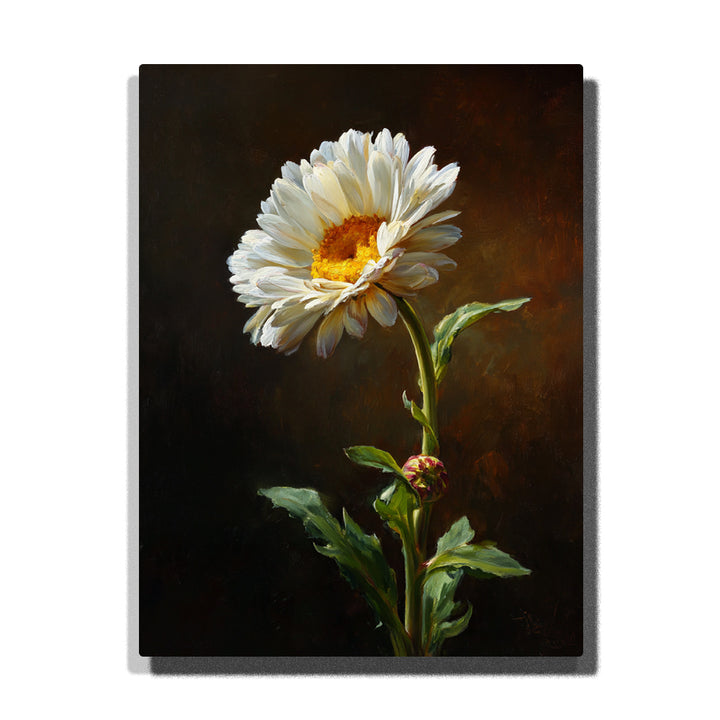 A close-up of a white daisy with a vibrant yellow center and green leaves, set against a soft background. The delicate details of the petals are highlighted in this Paint by Numbers artwork.