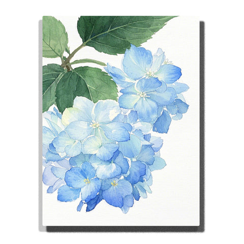 Soft blue hydrangea clusters with layered petals, green leaves, and a clean light background in this Paint by Numbers artwork.