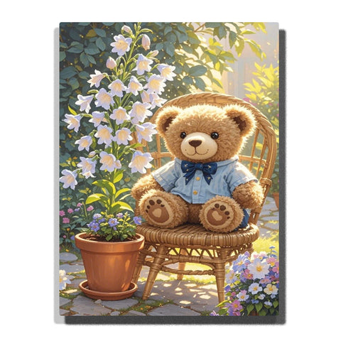 A teddy bear in a blue jacket sitting on a wicker chair beside a flower pot, surrounded by white and purple garden blossoms in this Paint by Numbers artwork.