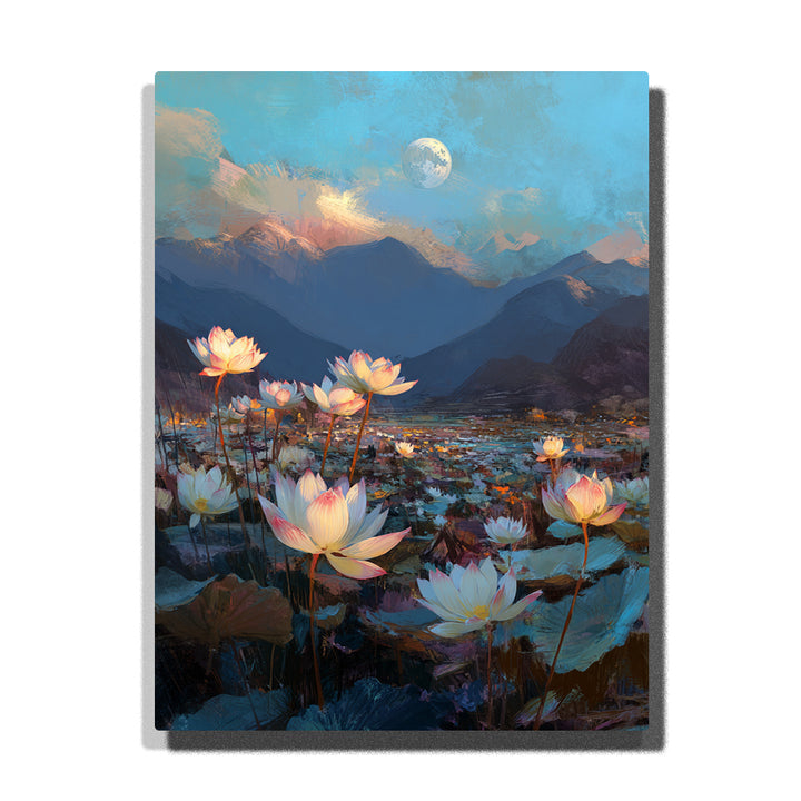 Moonlit lotus pond with glowing pink and white blossoms, blue-green leaves, distant mountain valley, full moon, and twilight sky paint by numbers floral wall art.
