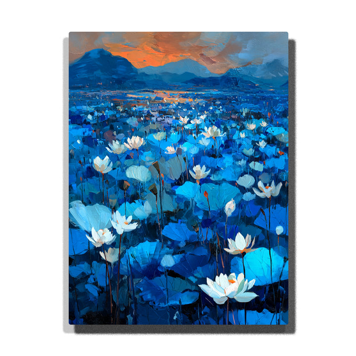 Blue lotus field with white blossoms, glowing blue leaves, distant mountains, orange sunset sky, and botanical landscape paint by numbers wall art.