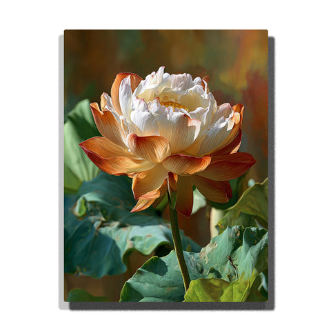 Cream lotus blossom with orange lower petals, golden center, green lotus leaves, tall stem, warm garden background, and floral paint by numbers wall art.