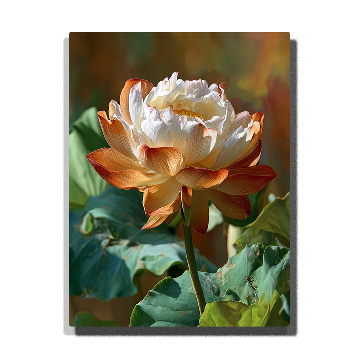 Cream lotus blossom with orange lower petals, golden center, green lotus leaves, tall stem, warm garden background, and floral paint by numbers wall art.