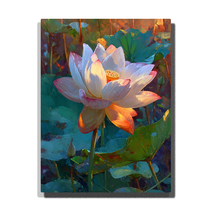 Close-up white lotus blossom with golden backlight, pink petal edges, yellow seed pod, green lotus leaves, teal pond shadows, and floral paint by numbers wall art.