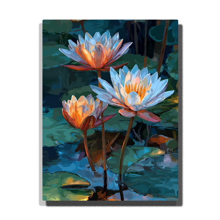 Orange-lit white water lilies in dark teal pond with blue-green lily pads, glowing flower centers, slender stems, and floral paint by numbers wall art.