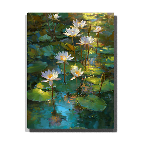 White water lilies with teal pond reflections, green lily pads, yellow flower centers, slender stems, unopened buds, and floral paint by numbers wall art.
