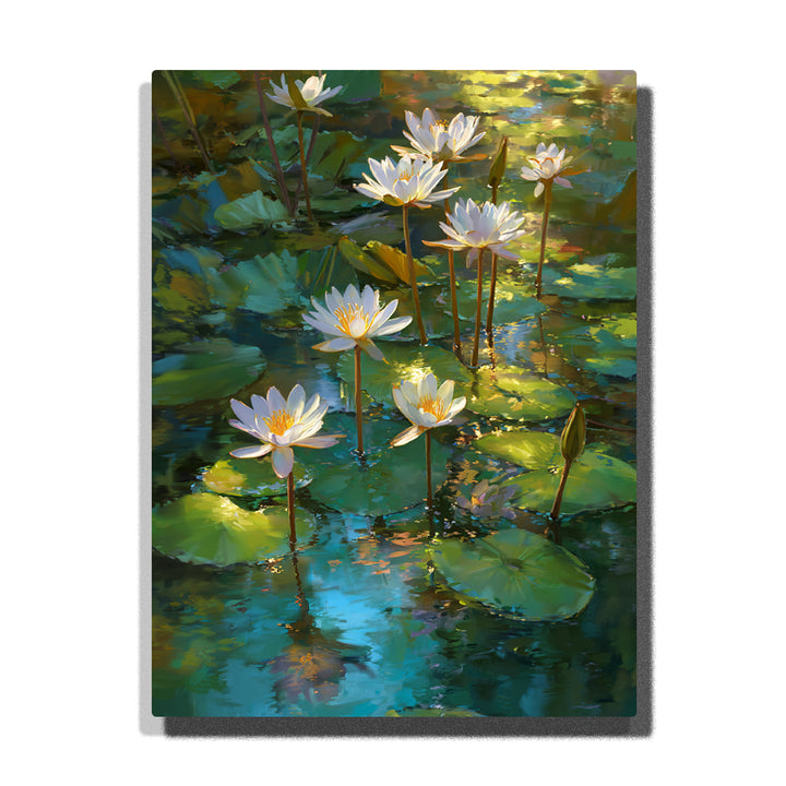 White water lilies with teal pond reflections, green lily pads, yellow flower centers, slender stems, unopened buds, and floral paint by numbers wall art.
