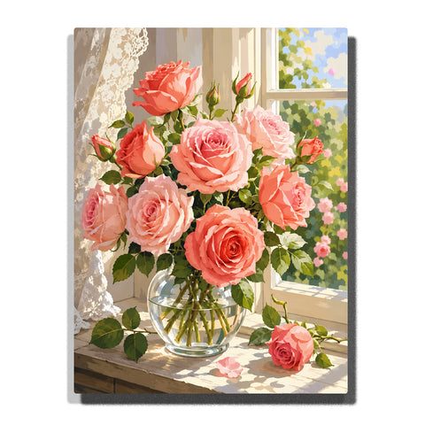 Coral rose bouquet in glass vase beside sunny window with lace curtain, green leaves, rose buds and blooming garden background Paint by Numbers by PaintEasy