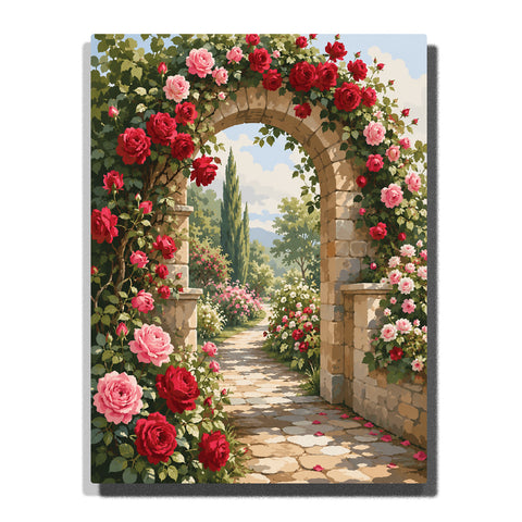 Rose garden archway with red and pink climbing roses, stone pathway, green vines and romantic floral landscape Paint by Numbers by PaintEasy