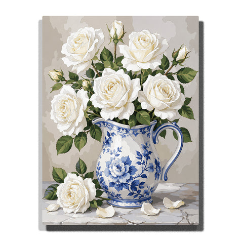 White rose bouquet in blue floral porcelain vase with green leaves, flower buds and marble table still life Paint by Numbers by PaintEasy