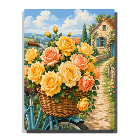 Yellow and peach rose basket on vintage bicycle with countryside cottage, garden path, green leaves and blue sky Paint by Numbers by PaintEasy