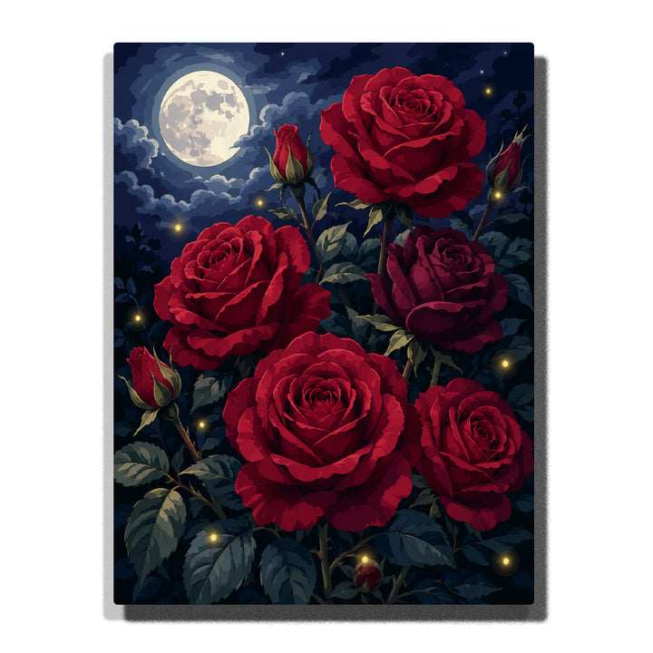 Moonlit red roses garden with glowing flowers, rosebuds, green leaves, firefly lights and romantic night floral artwork Paint by Numbers by PaintEasy