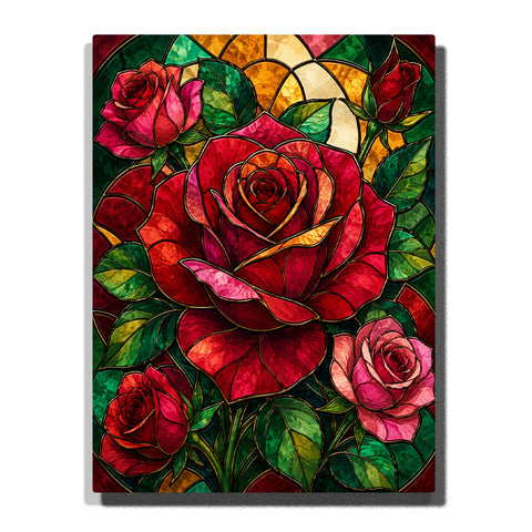 Stained glass red rose bouquet with colorful petals, green leaves, geometric glass patterns and decorative floral artwork Paint by Numbers by PaintEasy