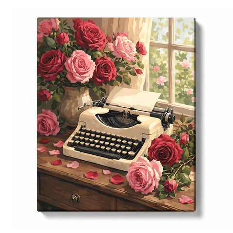 Vintage Typewriter with Red and Pink Roses artwork displayed on a white background