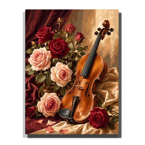 Rose bouquet with violin, red and white roses, green leaves, vintage fabric and elegant floral still life artwork Paint by Numbers by PaintEasy