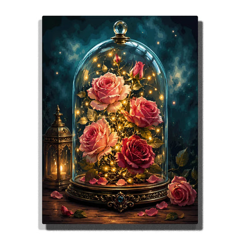 Rose Paint by Numbers For Adults featuring glowing pink and crimson roses inside an elegant glass cloche with golden fairy lights, antique lantern and scattered petals