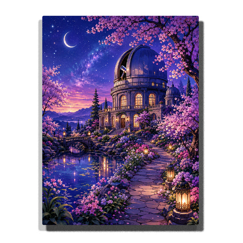 Cherry blossom garden with observatory building, crescent moon, starry night sky, lantern lights, pond reflections and pink flowering trees Paint by Numbers by PaintEasy