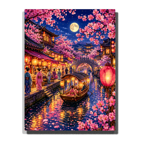 Cherry blossom trees over ancient Chinese water town at night with full moon, hanfu figures, wooden boats, lanterns, canal reflections and traditional buildings Paint by Numbers by PaintEasy
