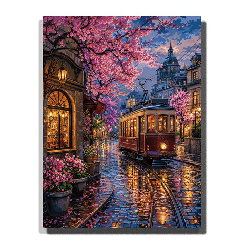 Cherry blossom street with vintage tram, rainy cobblestone road, glowing city lights, flower pots and historic buildings Paint by Numbers by PaintEasy