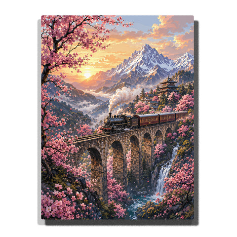 Cherry blossom mountain railway with steam train crossing stone bridge, snowy peaks, waterfall, pink flowering trees and sunset valley landscape Paint by Numbers by PaintEasy