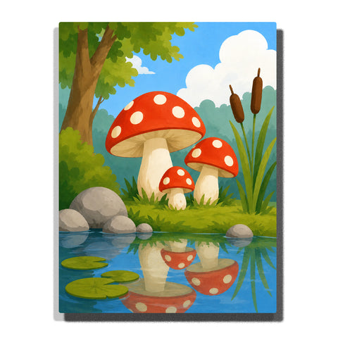 Cute red mushrooms beside forest pond with water reflections, lily pads, rocks, green plants and woodland nature scene Paint by Numbers by PaintEasy
