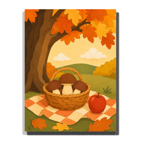 Cute mushroom picnic basket with red apple under autumn tree, checkered blanket, orange leaves and cozy countryside nature scene Paint by Numbers by PaintEasy