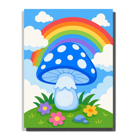 Blue mushroom under rainbow sky with white clouds, colorful flowers, green meadow and whimsical nature scene Paint by Numbers by PaintEasy