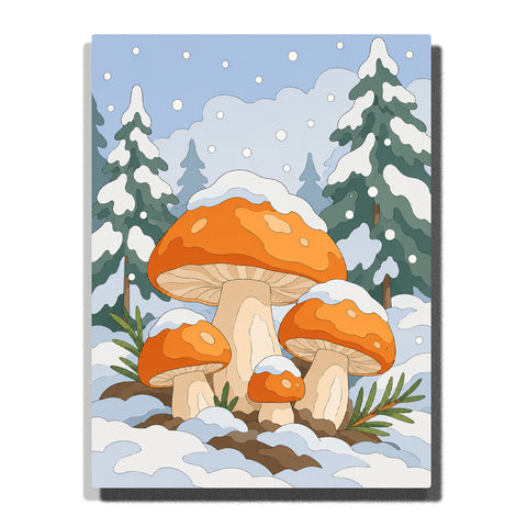 Orange mushrooms in snowy winter forest with pine trees, falling snow, white landscape and woodland nature scene Paint by Numbers by PaintEasy