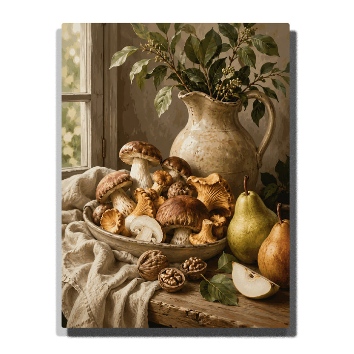 Mushrooms and pears beside a leafy earthenware jug and cream linen