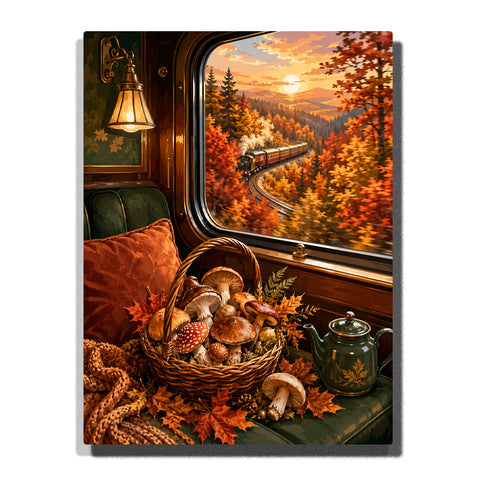 Mushroom basket beside a train window overlooking an autumn railway