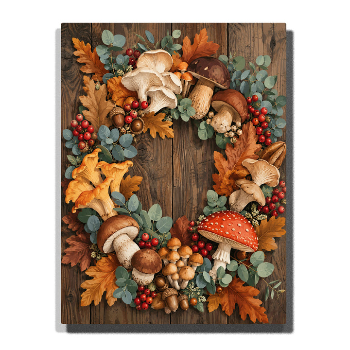 Wild mushroom wreath with forest foliage, autumn leaves, eucalyptus, berries, acorns and rustic botanical artwork Paint by Numbers by PaintEasy