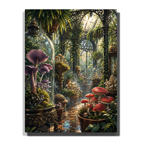 Mystical mushroom garden inside glass conservatory with red and purple mushrooms, tropical plants, vintage greenhouse and magical botanical scenery Paint by Numbers by PaintEasy