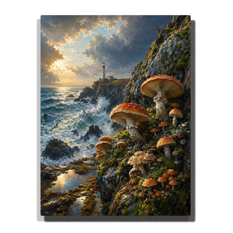 Mushrooms growing on rocky ocean cliff with lighthouse, crashing waves, moss, coastal landscape and dramatic sunset sky Paint by Numbers by PaintEasy
