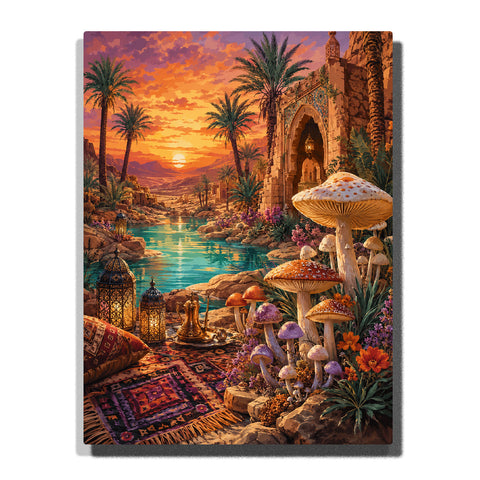 Desert mushroom oasis with ancient temple, turquoise river, palm trees, lanterns, colorful mushrooms and sunset fantasy landscape Paint by Numbers by PaintEasy