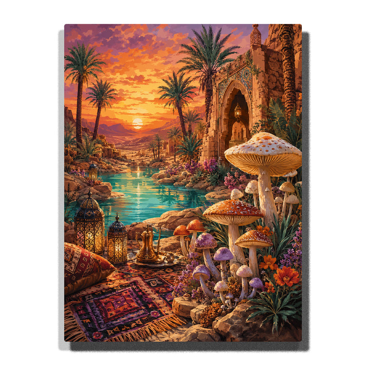 Desert mushroom oasis with ancient temple, turquoise river, palm trees, lanterns, colorful mushrooms and sunset fantasy landscape Paint by Numbers by PaintEasy