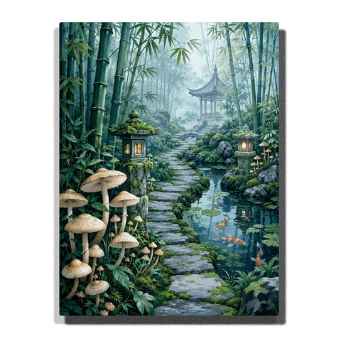 Bamboo forest garden with mushrooms, koi pond, stone pathway, lanterns, traditional pavilion and peaceful Zen landscape Paint by Numbers by PaintEasy