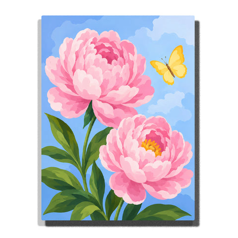 Pink peony flowers with yellow butterfly, green leaves and blue sky background Paint by Numbers by PaintEasy