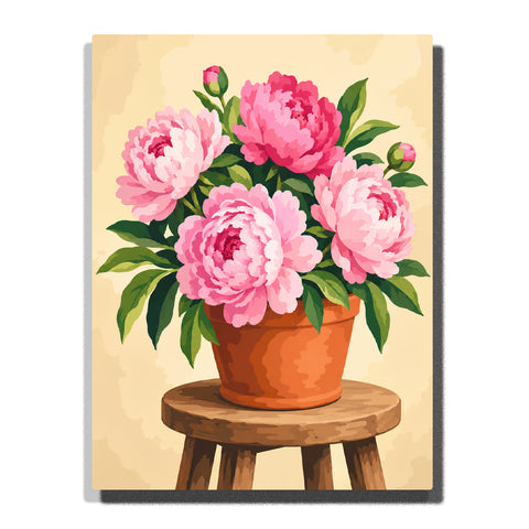 Pink peony flowers in a terracotta pot on a wooden stool with green leaves and soft neutral background Paint by Numbers by PaintEasy