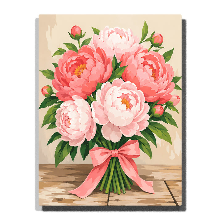 Coral and White Peony Bouquet with a Pink Bow artwork displayed on a white background
