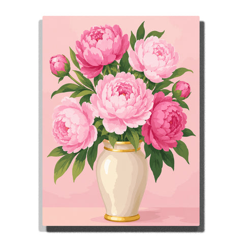 Pink peonies in an ivory vase with gold trim on a blush background