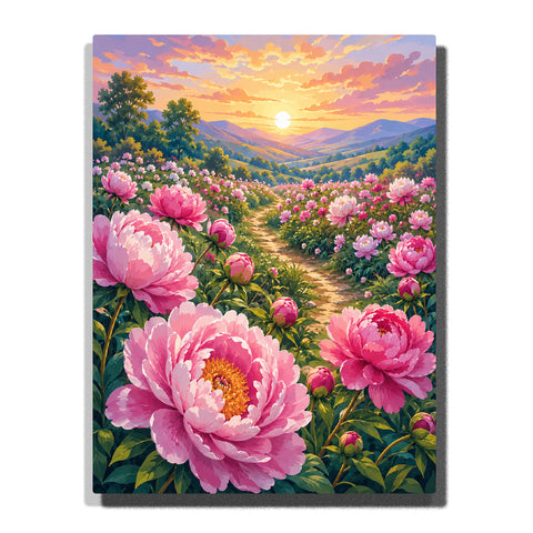 Pink peony flower valley with blooming fields, mountain landscape, winding garden path and golden sunset sky Paint by Numbers by PaintEasy
